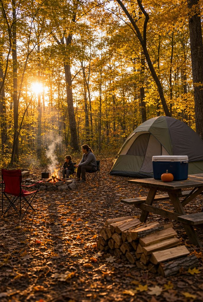 A family campsite in autumn woods: tent, campfire, red camp chair and a picnic table in golden late-afternoon light