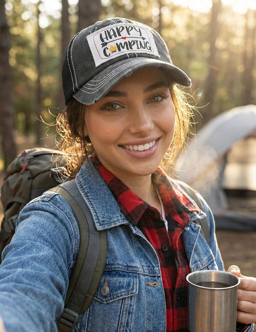 A camper in the pine woods with a backpack and camp mug, wearing The Happy Camper in Happy Camping
