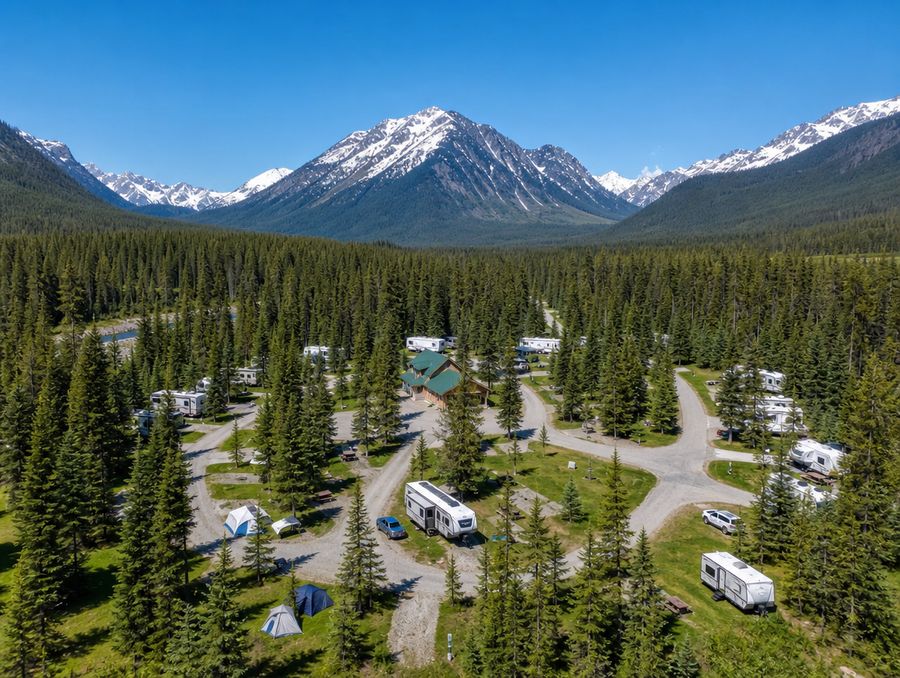 An RV park among pine forest seen from above, with snow-capped mountains behind