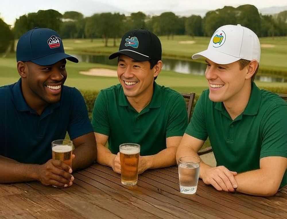Three golfers at a clubhouse table wearing Funky Junque golf caps