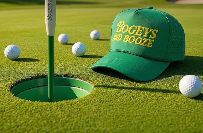 The Clubhouse Rope Cap in Bogeys & Booze on a putting green beside the pin
